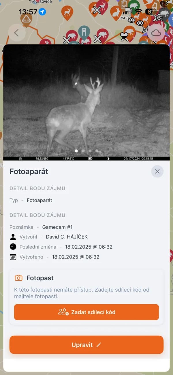 Aplikace HUNTERRA: detail fotopasti s fotkou srnce
