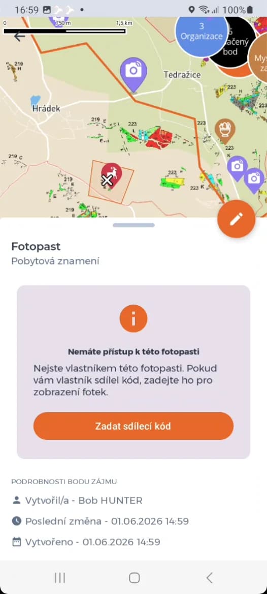 Aplikace HUNTERRA: mapa honitby s mysliveckými zařízeními a detailem fotopasti