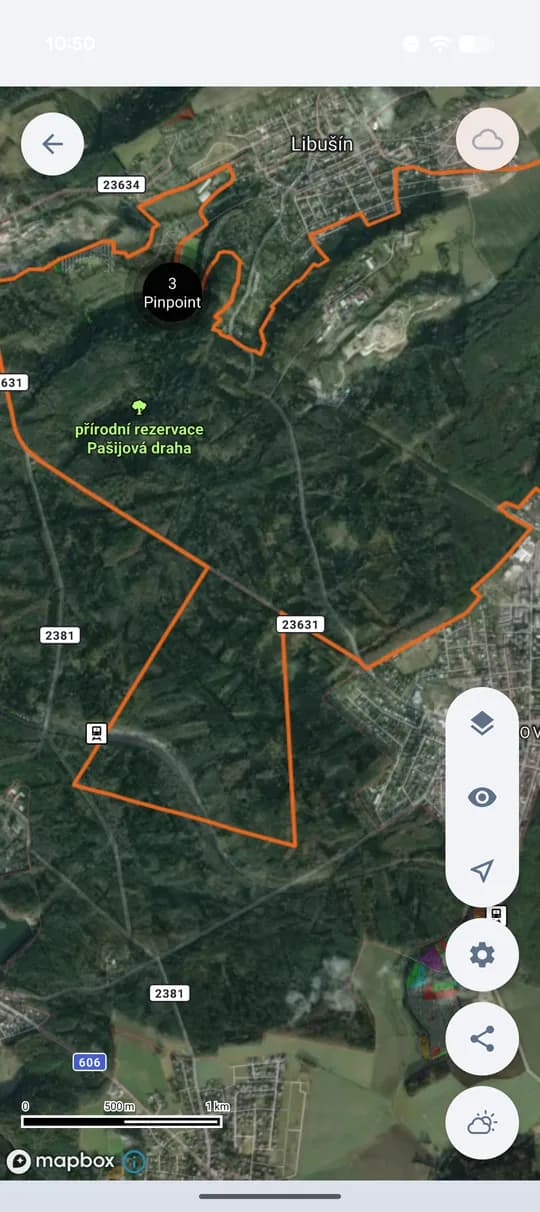 Hotová hranice honitby v mapě.