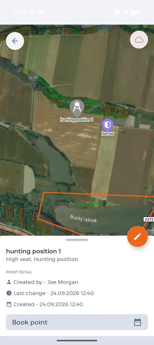 Posed v mapě honitby s tlačítkem pro rezervaci.