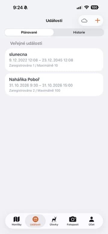 Přehled událostí s tlačítkem pro založení nové.