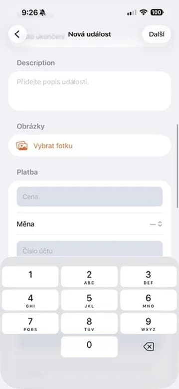 Popis, výběr fotek a začátek sekce Platba.