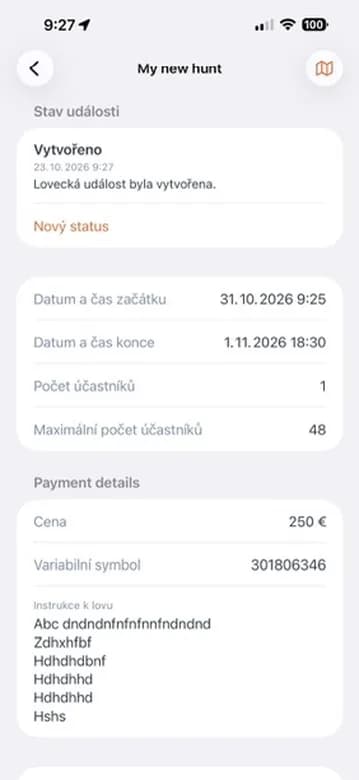 Detail právě založené akce.
