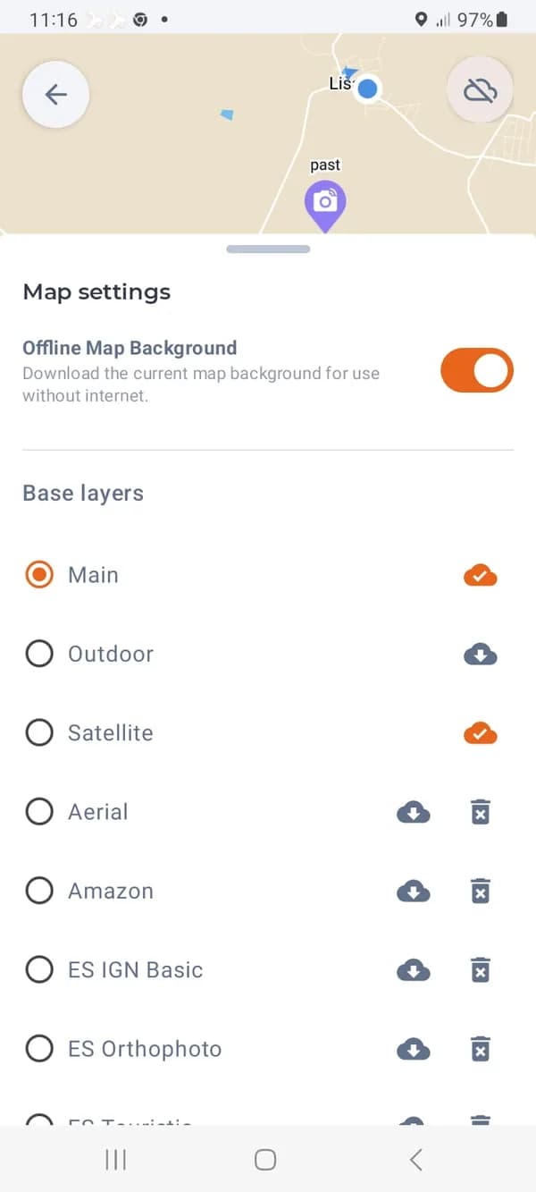 Nastavení map: podklad pro offline a stav jednotlivých vrstev.