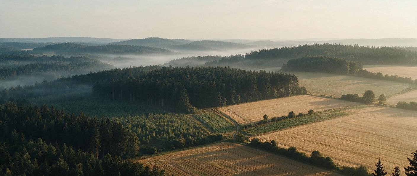 Pohled ze stráně na lesní bloky, sklizená pole a meze, které krajinu dělí na plochy