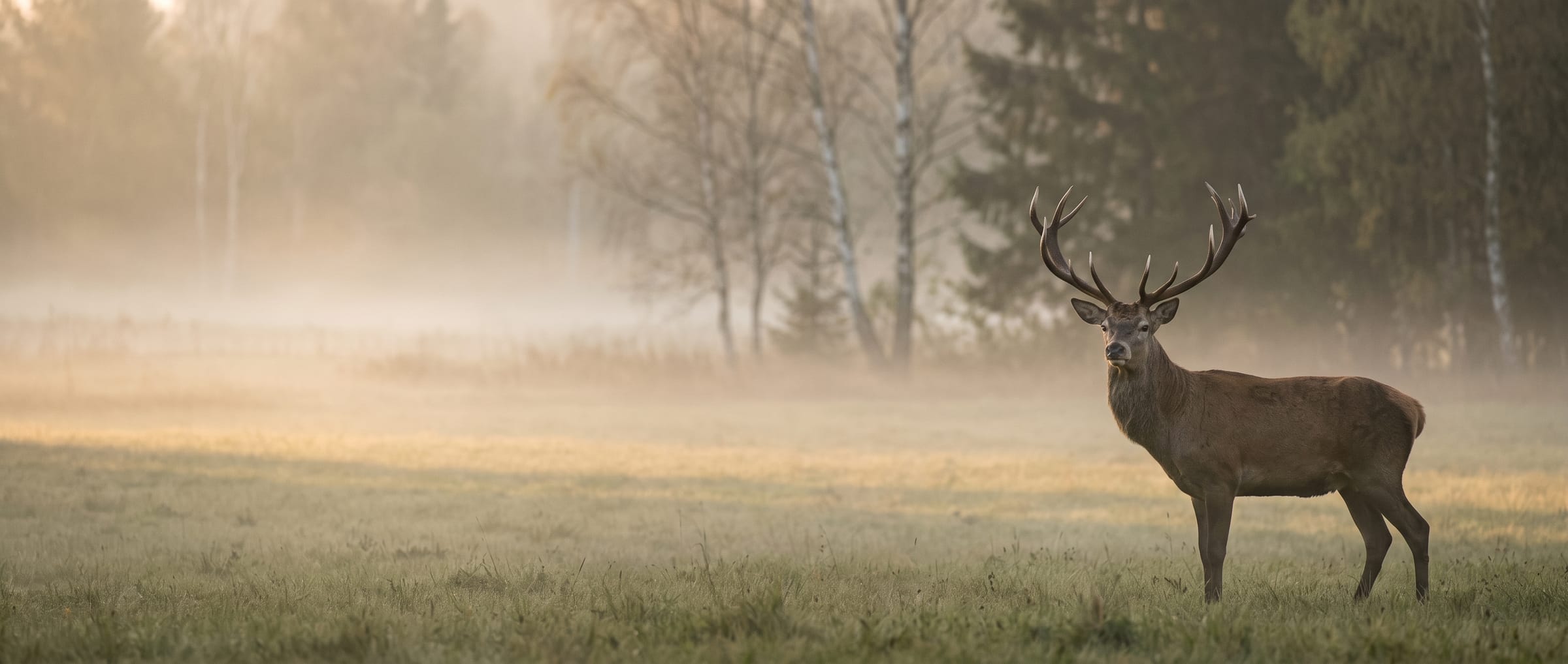 Jelen na kraji mlžné louky za svítání Jelen na kraji mlžné louky za svítání