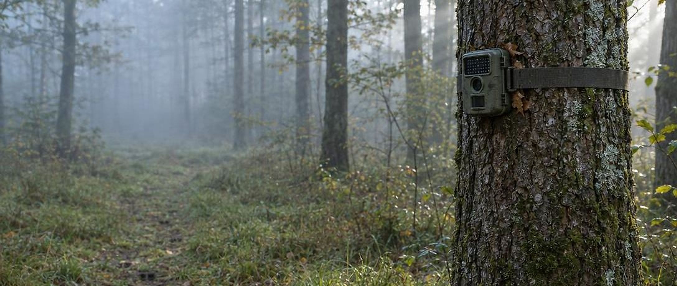 Fotopast připevněná páskem na dubu na okraji mlžného lesa, ochoz mizí do porostu