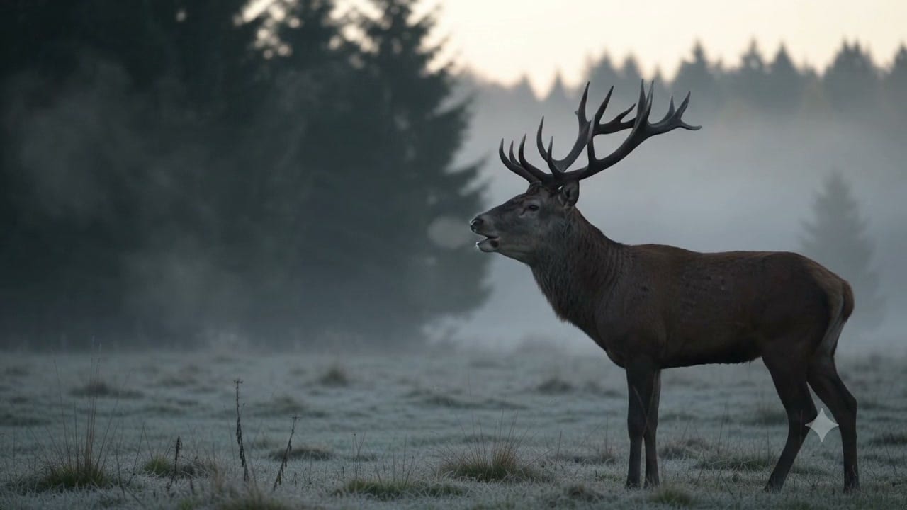 Troubící jelen na zamrzlé louce za svítání. Troubící jelen na zamrzlé louce za svítání.