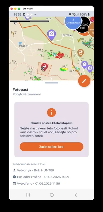 Snímek obrazovky aplikace HUNTERRA
