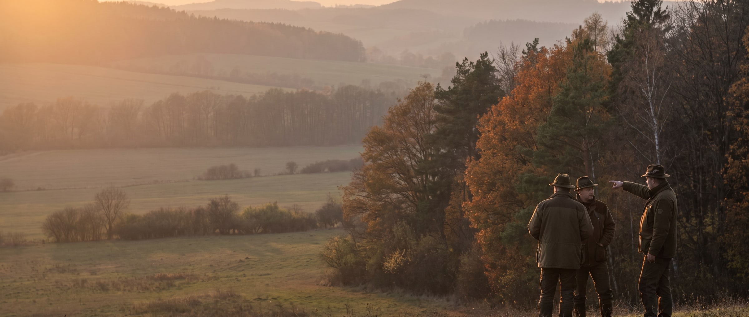 Tři myslivci na kraji lesa, jeden ukazuje do podzimní krajiny za soumraku