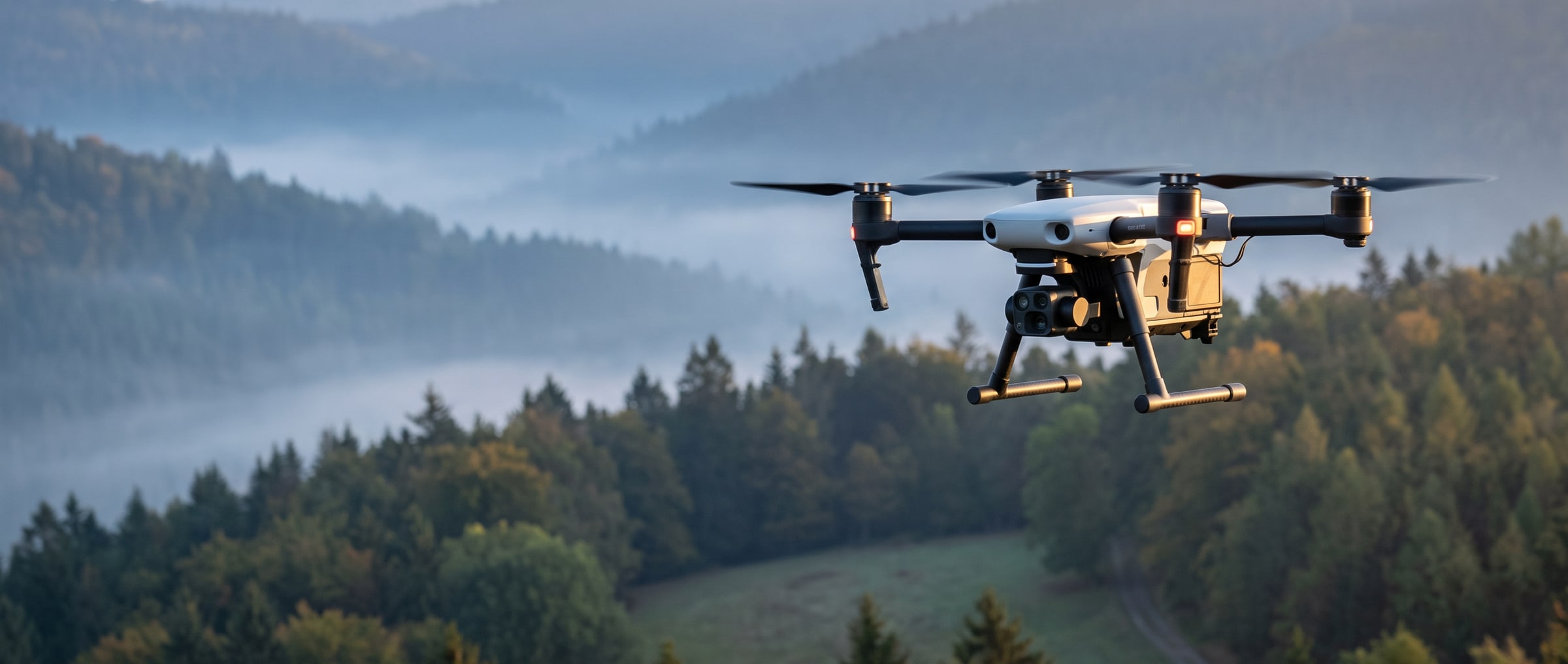 Dron s termokamerou letí nad lesní honitbou za svítání